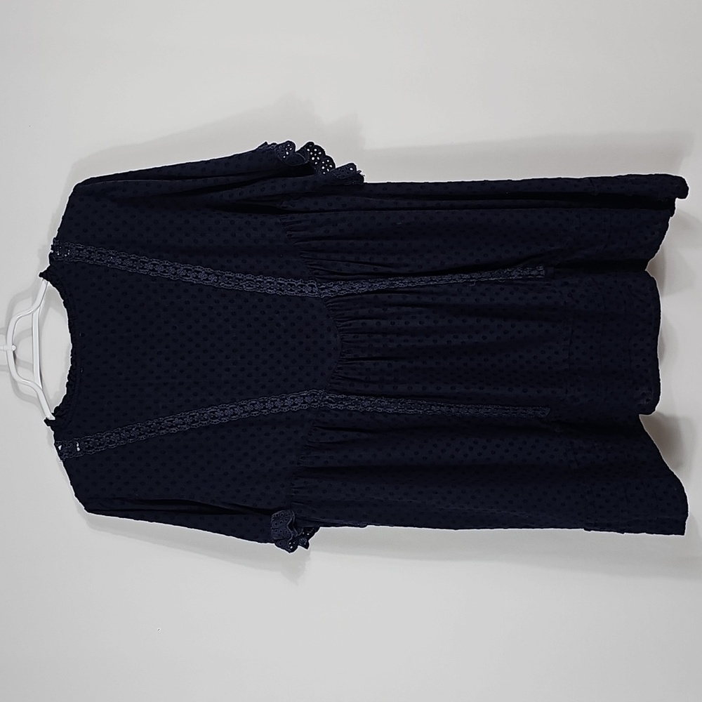 FRNCH Paris Navy Blue Eyelet Lace Mini Dress Scallop High Neck Swiss Dot Boho M - Picture 5 of 12